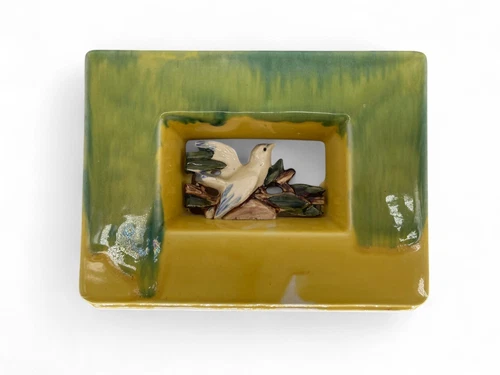 Vintage 50'S Rectangular McCoy Bird Vase, 6"x 8"x 2 3/4" Planter. Green Yellow