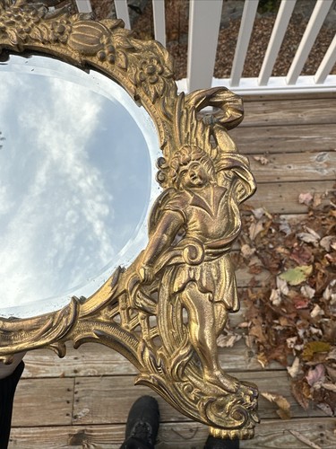 Antique Victorian NB & IW Mirror, Beveled Ornate Brass Frame with Cherubs - Picture 4 of 12