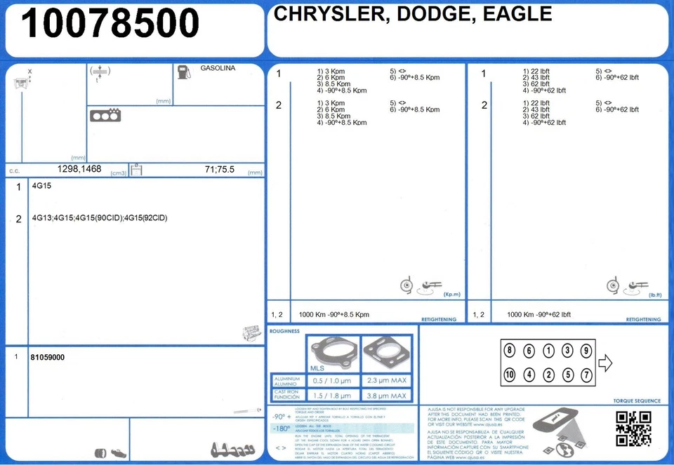 Juego de juntas de culata MITSUBISHI MIRAGE 1.3 75 4G13 (1990-1996) Foto 2 de 2