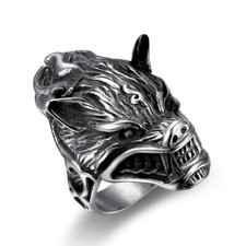 Retro Viking Ice Wolf Ring Stainless Steel Men's Wold Head Ring Biker Punk Ring
