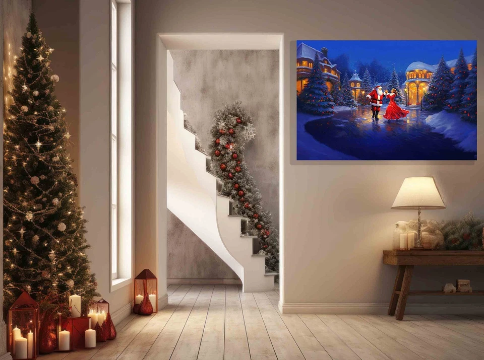 Santa and Mrs Claus Dancing on Ice Colourful Canvas Art Prints Wall Pictures - Image 3 of 4