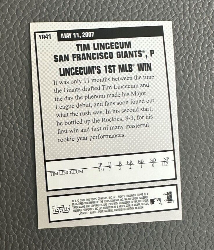 2008 Topps Tim Lincecum #YR41 San Francisco Giants 1st MLB Win | eBay