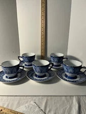 Bombay Co.Arabesque Tile Cobalt Blue White Platinum Trim 5 Tea Cups Saucers