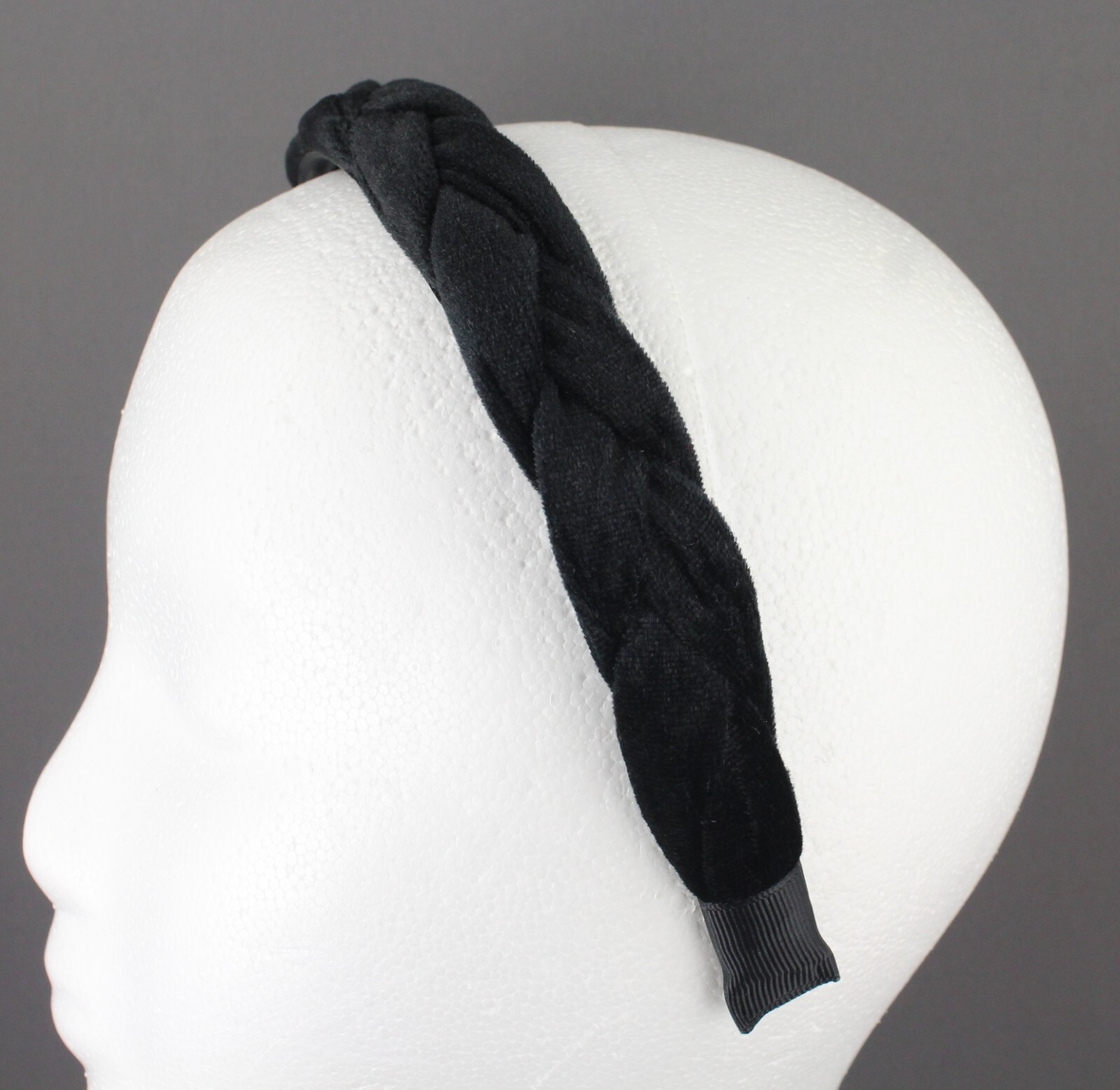 Black velvet braid headband soft fabric covered band grip teeth braided 1" wide