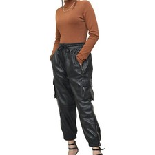 Women's Cargo Joggers Leather Pant. Real Soft Lambskin Black Leather Trouser.