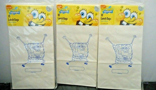 NEW Lot of 3 (30 Total) SpongeBob SquarePants Lunch Bags White Paper Snack Party
