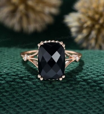 Unique Cut Simulated Black Onyx Wedding Ring  Sterling Silver 925