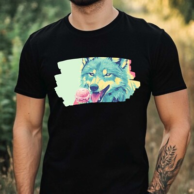 Mens Wolf Eats Ice Cream Motif Cotton T-Shirt Size XS to 5XL