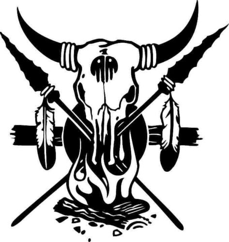 INDIAN CATTLE SKULL FIRE AND SPEARS CAR DECAL STICKER - Afbeelding 1 van 1