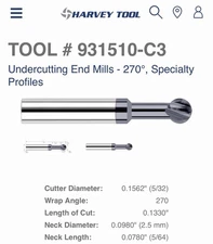 Harvey Tool 5/32” 931510-C3 Carbide Undercutting End Mill 270° Ball Profile