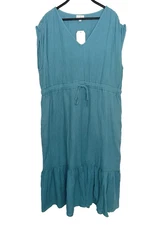 New NWT WONDERLY Size 2X Gauze Maxi Shift Dress Cap Sleeve Blue Coastal Boho