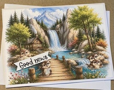 4 OTTERS  Good News  6.5 X 5  Large Greeting Card Kit DIY Water Effect Glimmer
