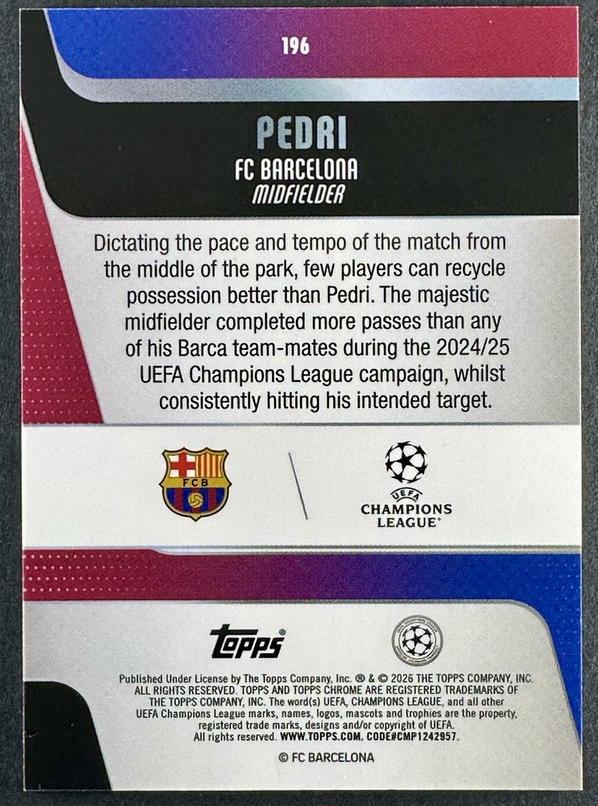 2025-26 Topps Chrome Sapphire UEFA Pedri Orange 15/25 view 2