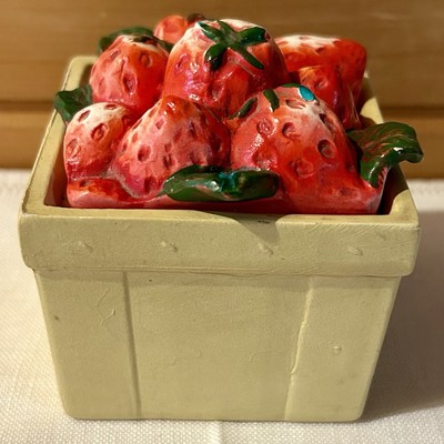 Ceramic Strawberry Jam Jelly Pot Japan Berry Basket Box Carton Jar w/Cover Vtg
