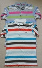 2 X MENS QUIKSILVER MULTICOLOURED STRIPED POLO SHIRTS. SIZE M