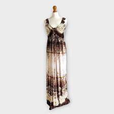 Vintage Y2K Yours Maxi Dress Fit 10 Brown Multi Print Sequin Summer Party Boho 