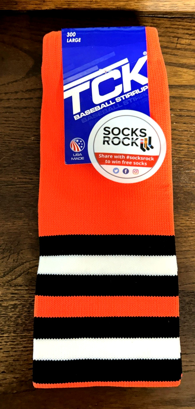 TCK Baseball Stirrup Socks Large 300 Orange Black White Striped USA Made NWT