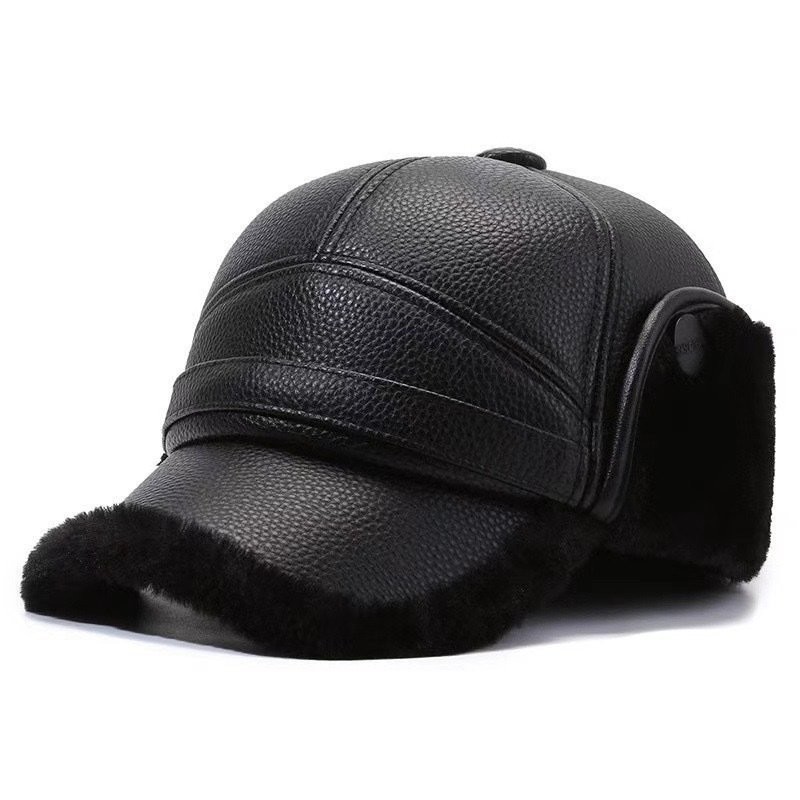 Adjustable Men's Winter Warm Fleece-Lined Hat with Earflap Leather Baseball Cap