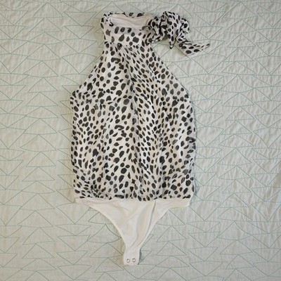 Express White Black Dalmation Print Halter Tie Neck Thong Bodysuit Womens S