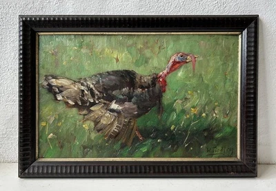 Ölbild 1910 Impressionist Willy Tiedjen Tierporträt Pute im Gras 38,8 x 57,2 cm - Bild 1 von 4