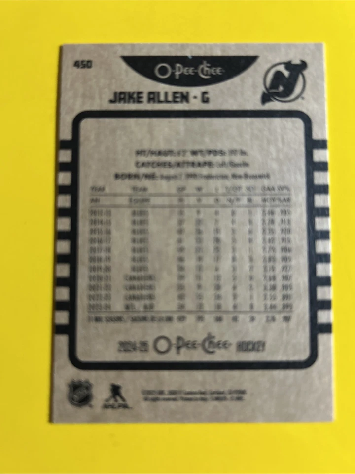 🐶  2024-25 O-Pee- Chee - Retro #450 Jake Allen - Devils - Image 2 of 2