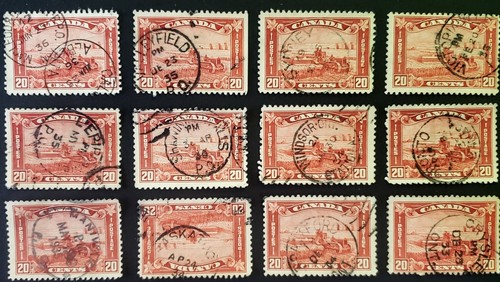 Stamps Canada Used: #175 20c brown red Harvesting Wheat CDS cancels (12)