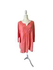 Match Point USA Linen Tunic Top Large Orange/Coral Lagenlook Oversize Boho