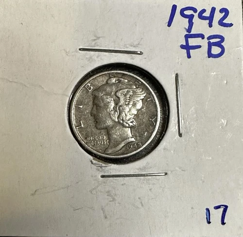 1942-P Mercury Dime 10 Cents 90% Silver Circulated Coin Full Bands. VG Cond