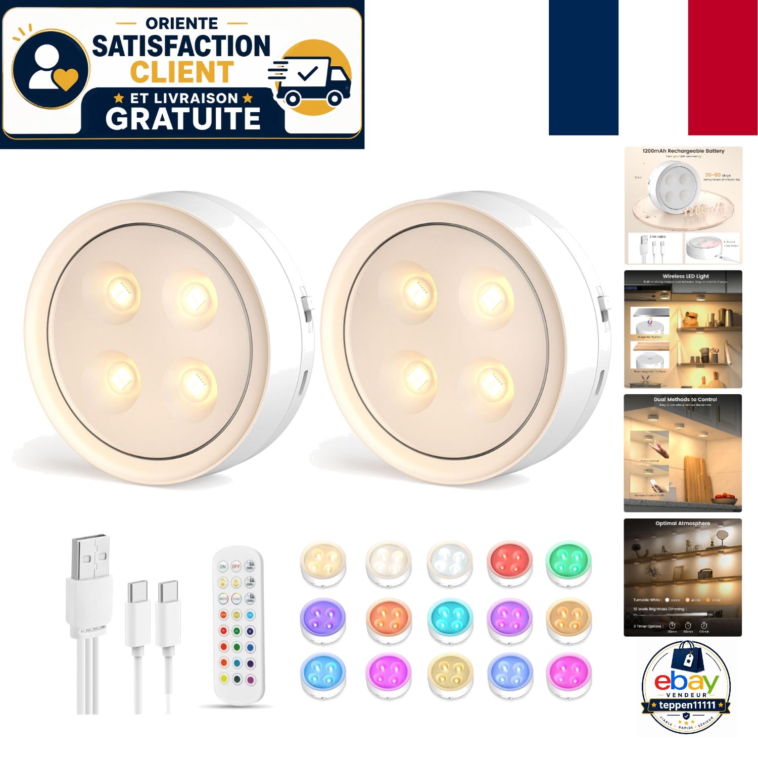 Lampe LED rechargeable Onumii avec télécommande et éclairage 12 couleurs pour maison