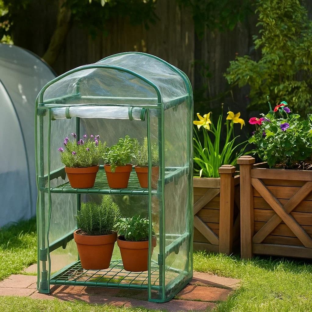 Mini Garden Greenhouse 2 Tier Portable Outdoor Grow House with Shelves & Cover