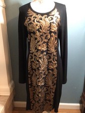 Dress  WXL Stretch Gold Sequined/Black Chic Boho Feminine Flattering Karen Kane 
