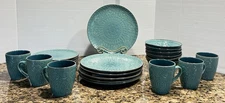 16pc Elama Embossed Mosaic Teal Stoneware Luxury Complete Dinnerware Set