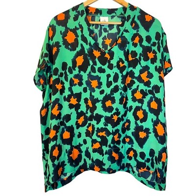 Cabi Rita Leopard Print Green & Orange Short Sleeve Blouse S Artsy Art to Wear