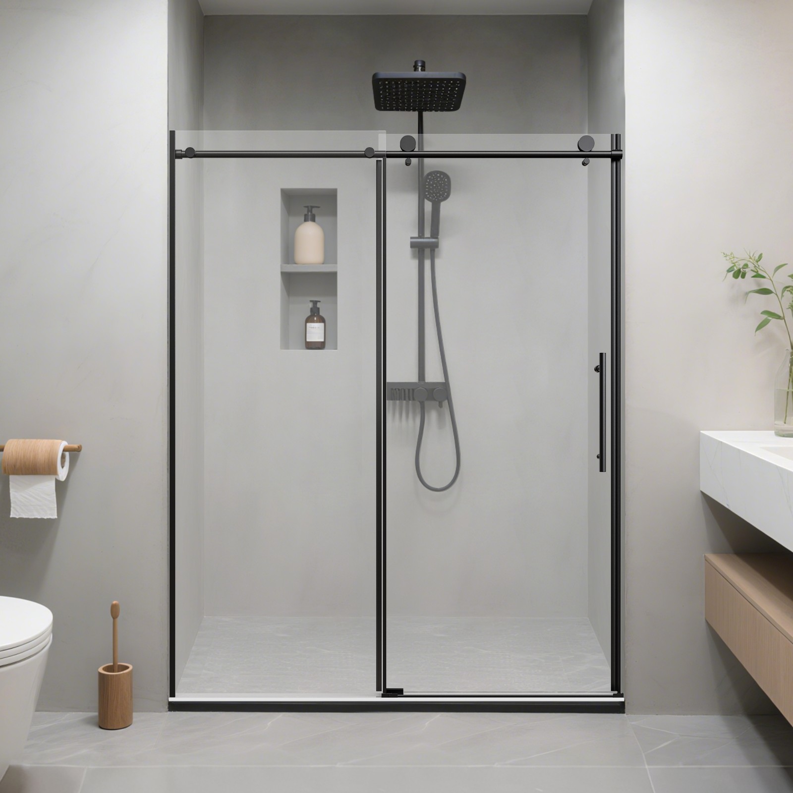 56-60W x 76H Single Sliding Shower Door with 1/4 Clear Tempered Glass in Matte Black