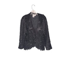 Women's Black Velvet Vamp Whimsigoth Blazer Scalloped Neck Embroidered Large
