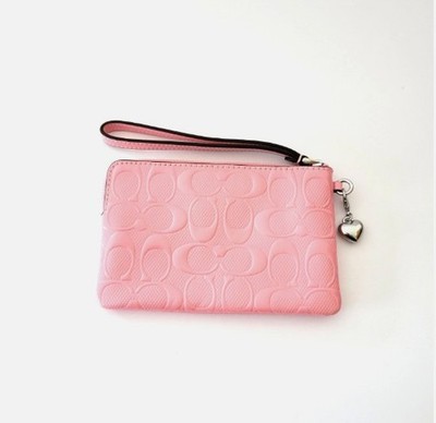 Coach Pink/Silver Corner Zip Wristlet In Signature Leather With