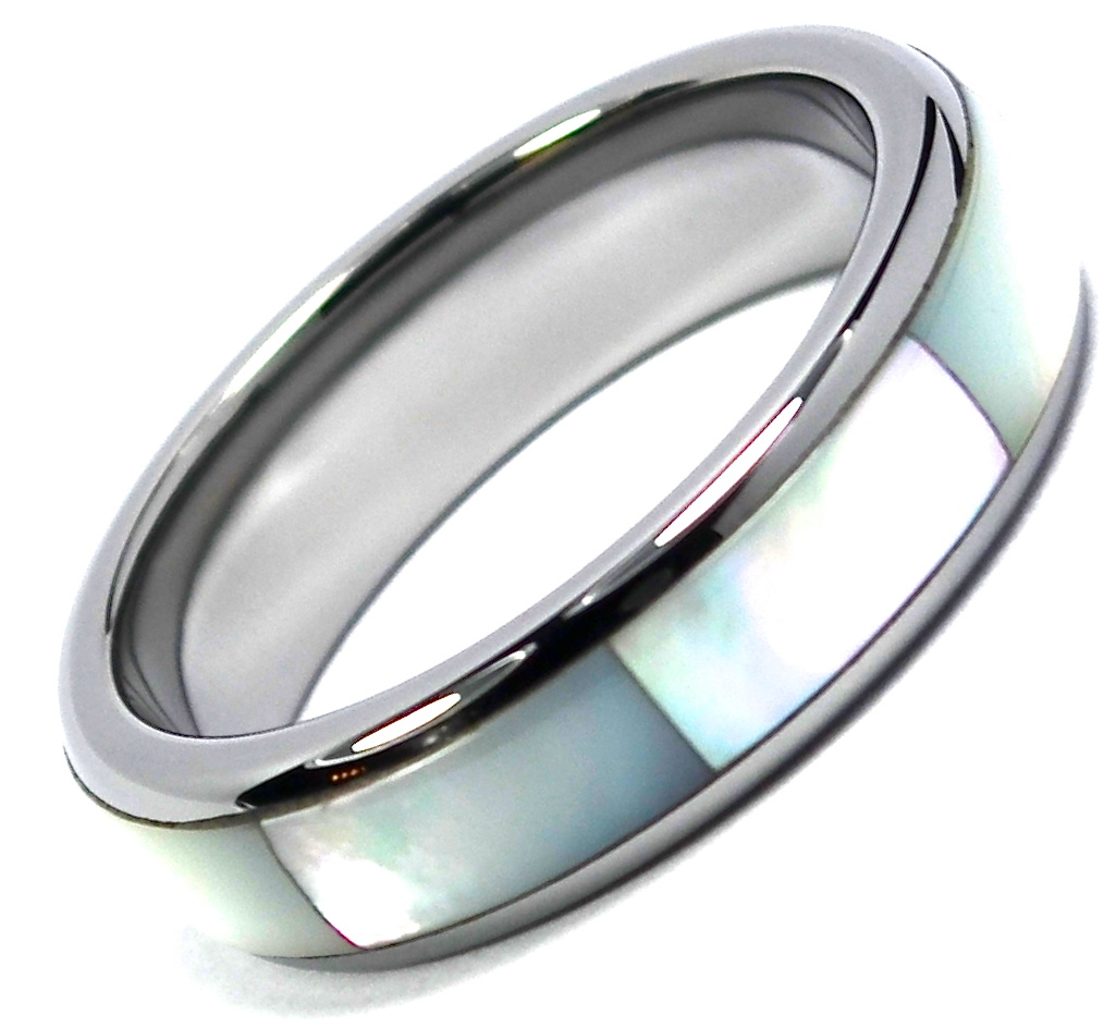 Tungsten Carbide Ring Wedding Band Mother in Pearl Inlay Titanium Color Dome 6mm-image