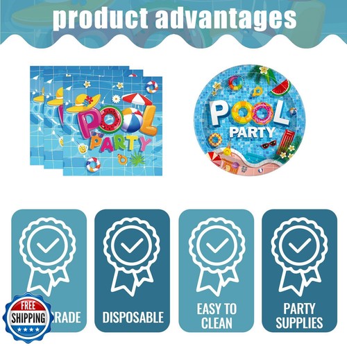 Tineit 98 pièces vaisselle d'été, décorations soldes de fête piscine avec nappe, pl