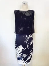 PHASE EIGHT NAVY BLUE & WHITE PRINT SHEER OVERLAY TOP PENCIL DRESS SIZE 14