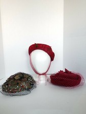 Vintage Womens Hat Lot 3pc Feathers Pill Box Veil Wool Velour Mid Century Maisel
