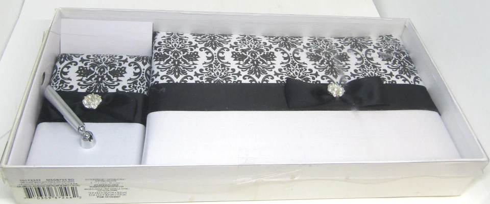 Juego de bolígrafos y libros de invitados de boda cubiertos de satén damasco blanco y negro Foto 3 de 4