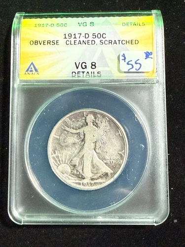 1917 D WALKING LIBERTY HALF DOLLAR  ANACS VG 8 DETAILS OBVERSE CLEANED SCRATCHED