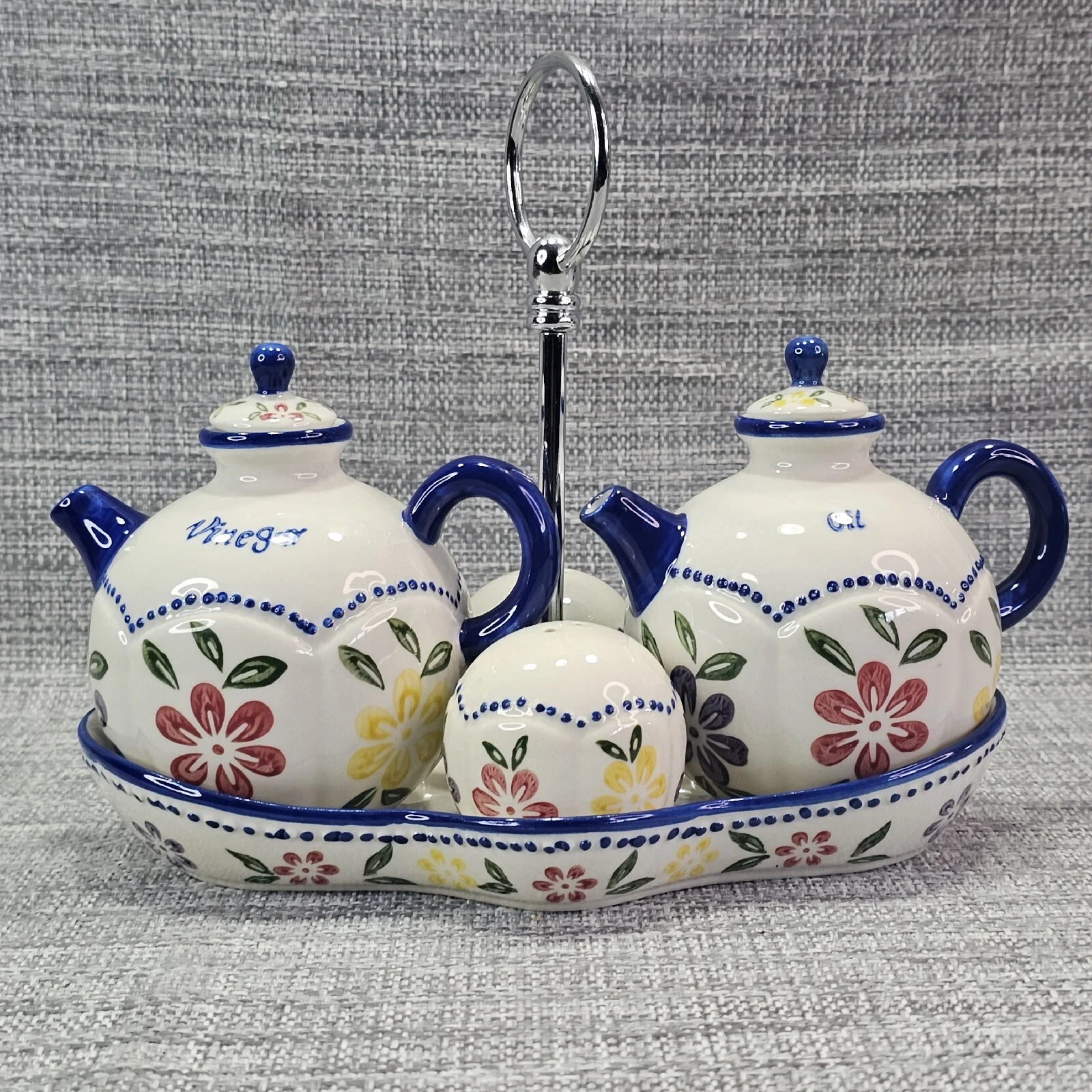 Pier One 4 pc Cruet Set Oil, Vinegar, Salt & Pepper Shakers w/Tray - Floral