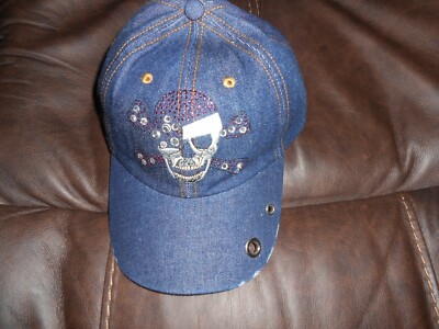 Ballcap Baseball Cap Hat Dark Blue Denim Skull Bones Bling Adjustable