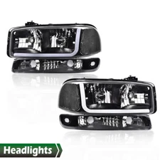 LED DRL Black/Clear Headlights+Bumper Lamps Fit For 99-07 GMC Sierra 1500 2500