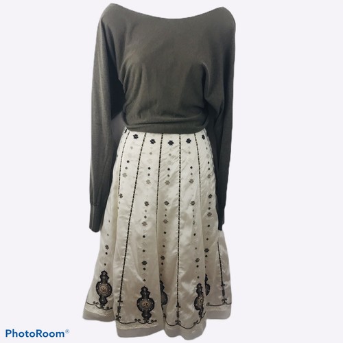 Silk Blend Skirt Womens 8 Beaded Embroidered Lined Side Zip Midi Ivory A-Line - Picture 6 of 9