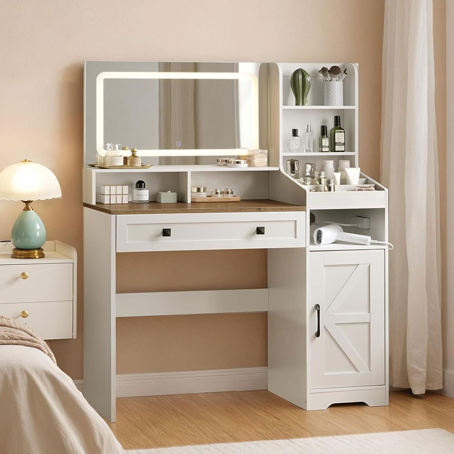 HOOBRO Makeup Vanity Desk with Mirror and Lights Farmhouse Vanity Makeup Desk