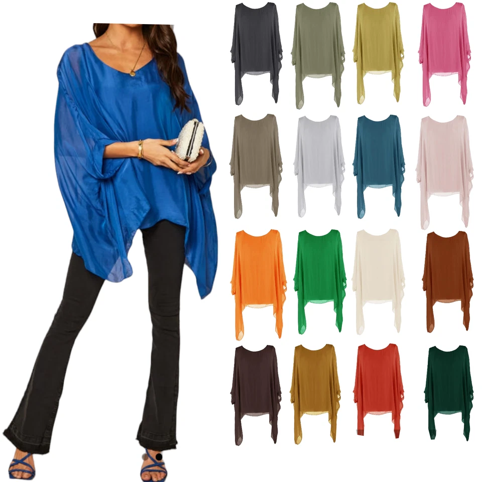 New Womens Italian Lagenlook Silk Plain Batwing Kimono Lined Tunic Top 10-24 - Image 1 of 1