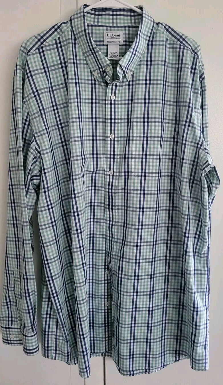 LL Bean Shirt Mens XLT Long SleeveWhite/Blue Check Button Down Shirt