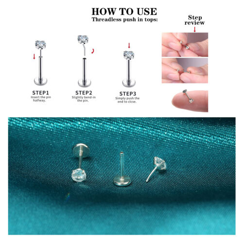 6PCS Push in Threadless Flat Back Earrings Studs Tragus Lip Piercing Jewellery - Picture 3 of 14